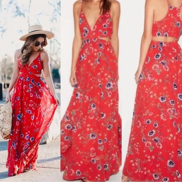 EXPRESS Floral Spaghetti Strap Racer Back Red Maxi Dress w/ Waist Cutout LP - Picture 10 of 10